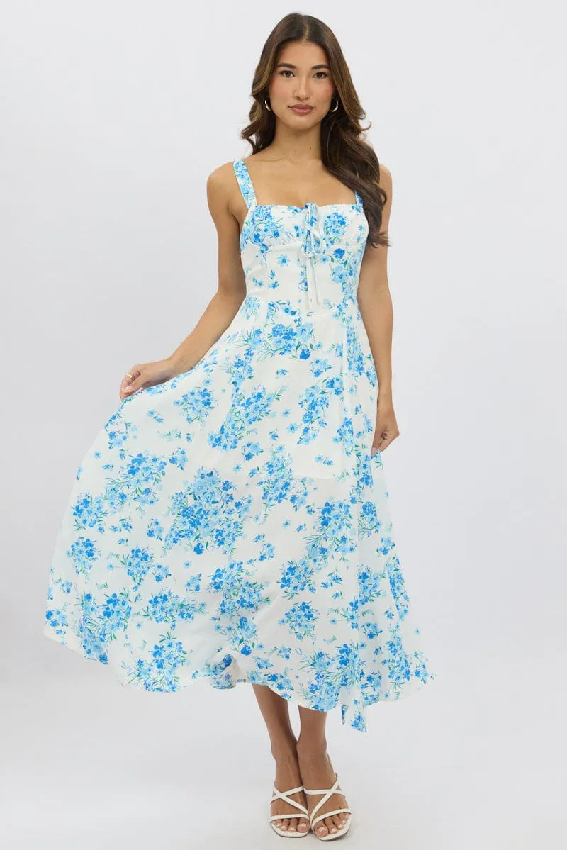 Blue Floral Midi Dress Gathered Bust Easygoing Outfit