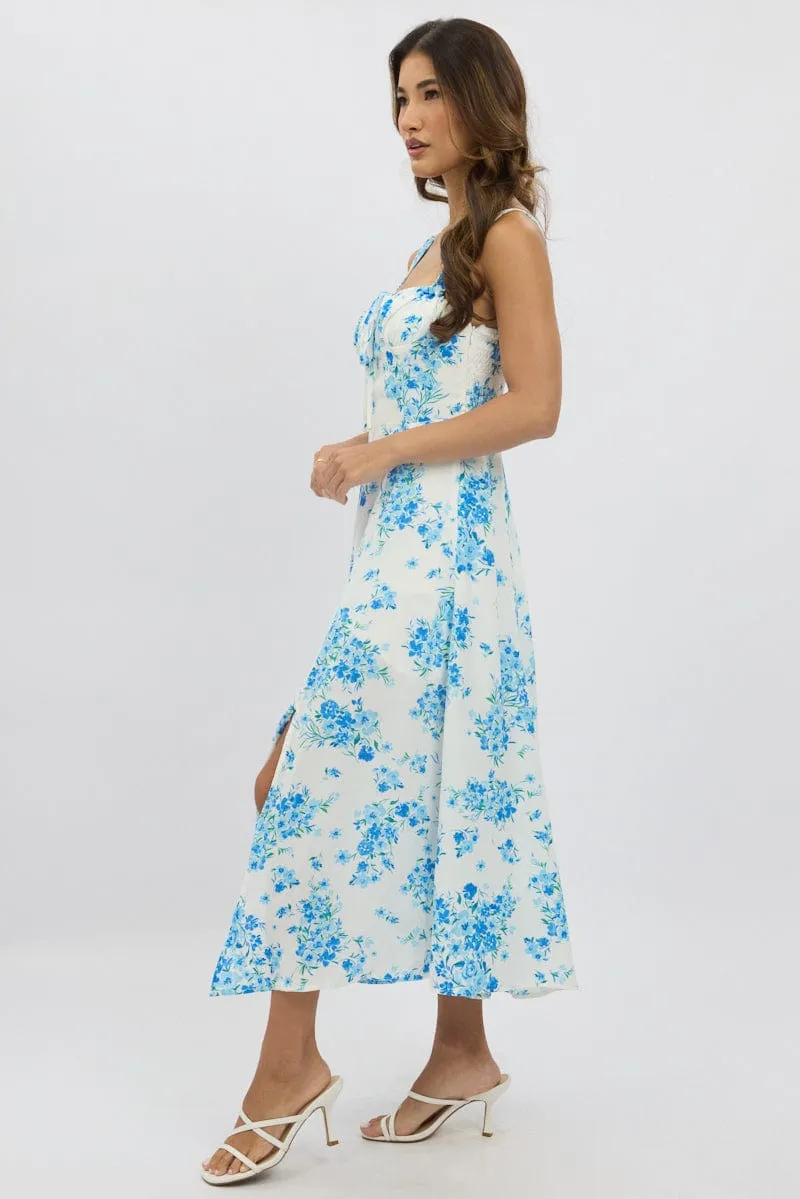 Flattering Shape Graceful Flow Blue Floral Midi Dress Gathered Bust