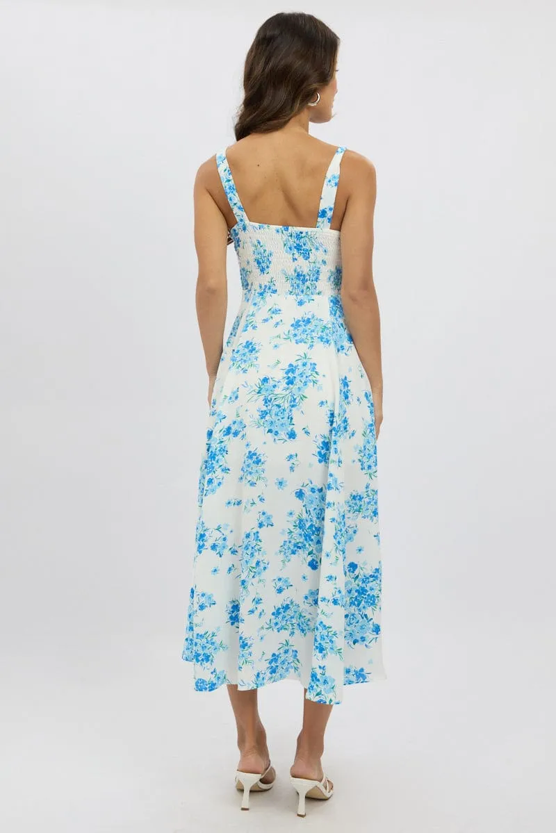 Blue Floral Midi Dress Gathered Bust Wrinkle Resistant Wave Touch