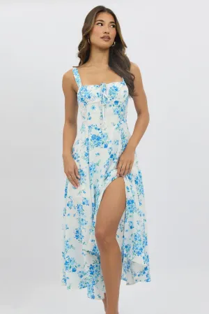 Blue Floral Midi Dress Gathered Bust Modern Wardrobe Poetic Mood