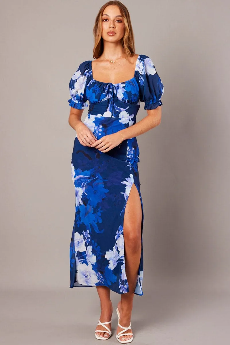 Grass Smell Effortless Comfort Blue Floral Midi Dress Puff Sleeve