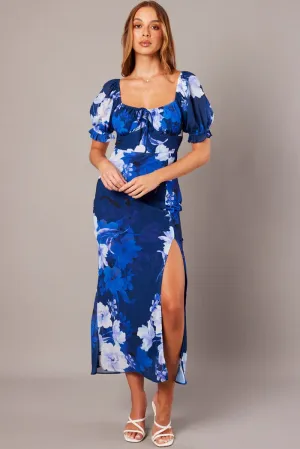 Grass Smell Effortless Comfort Blue Floral Midi Dress Puff Sleeve