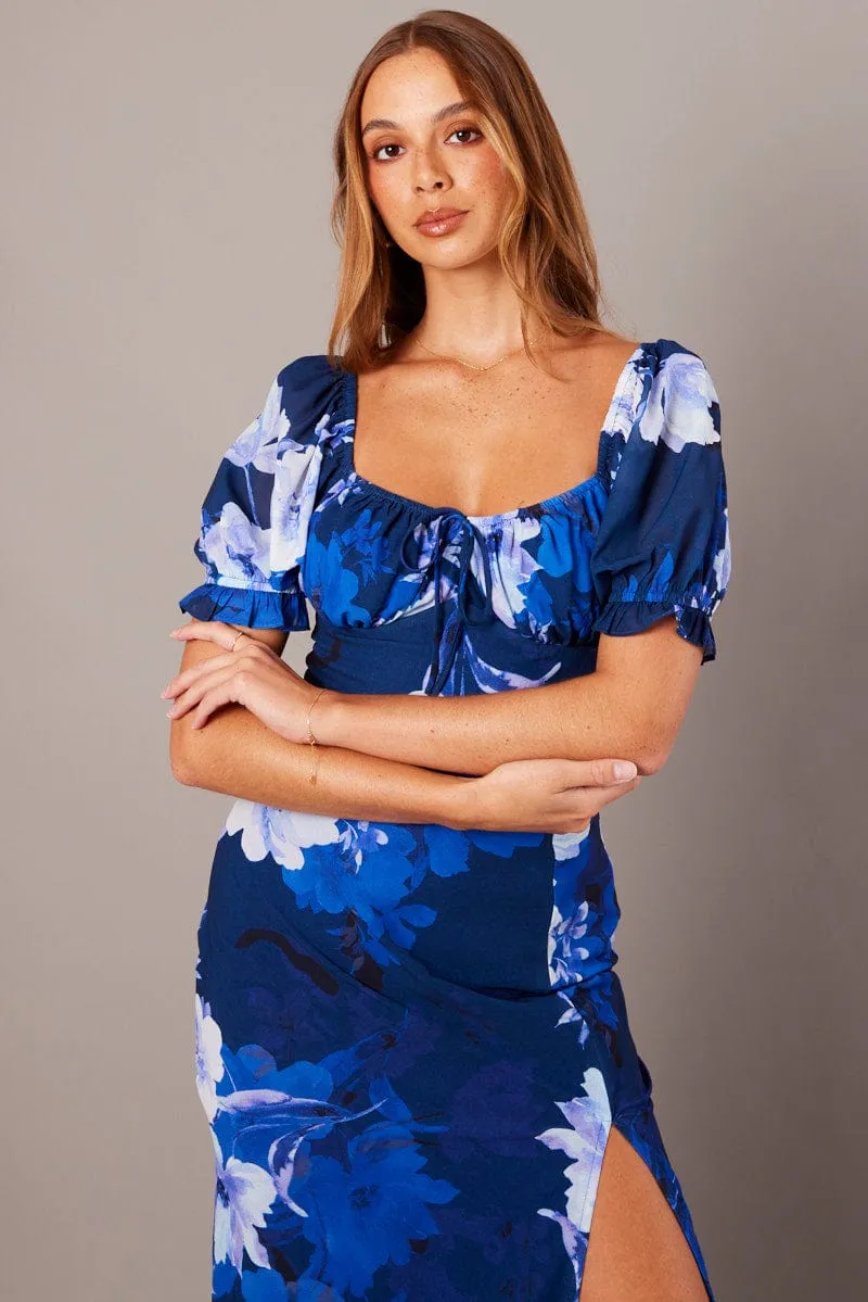 Blue Floral Midi Dress Puff Sleeve Versatile midi for travel