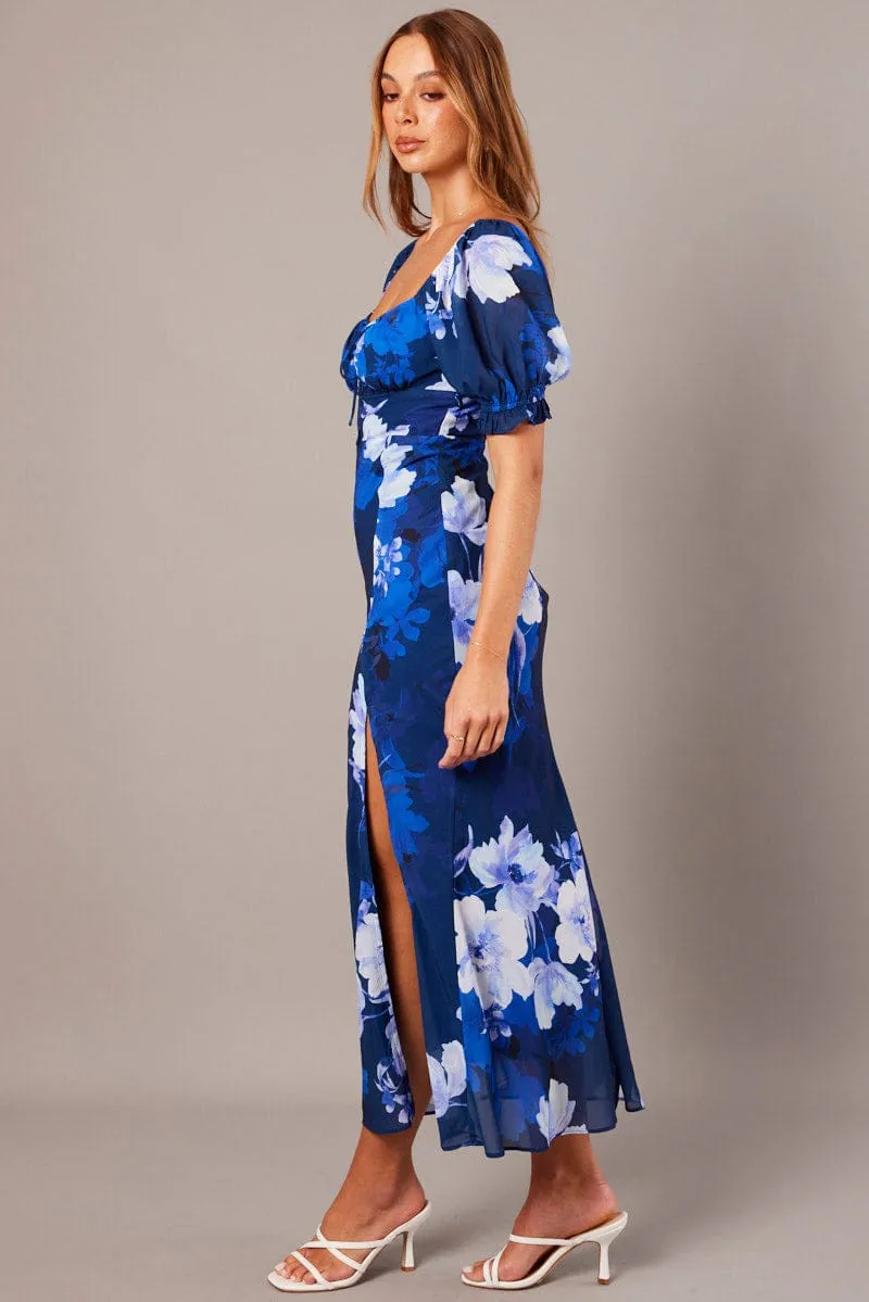 Playful and feminine dress Blue Floral Midi Dress Puff Sleeve