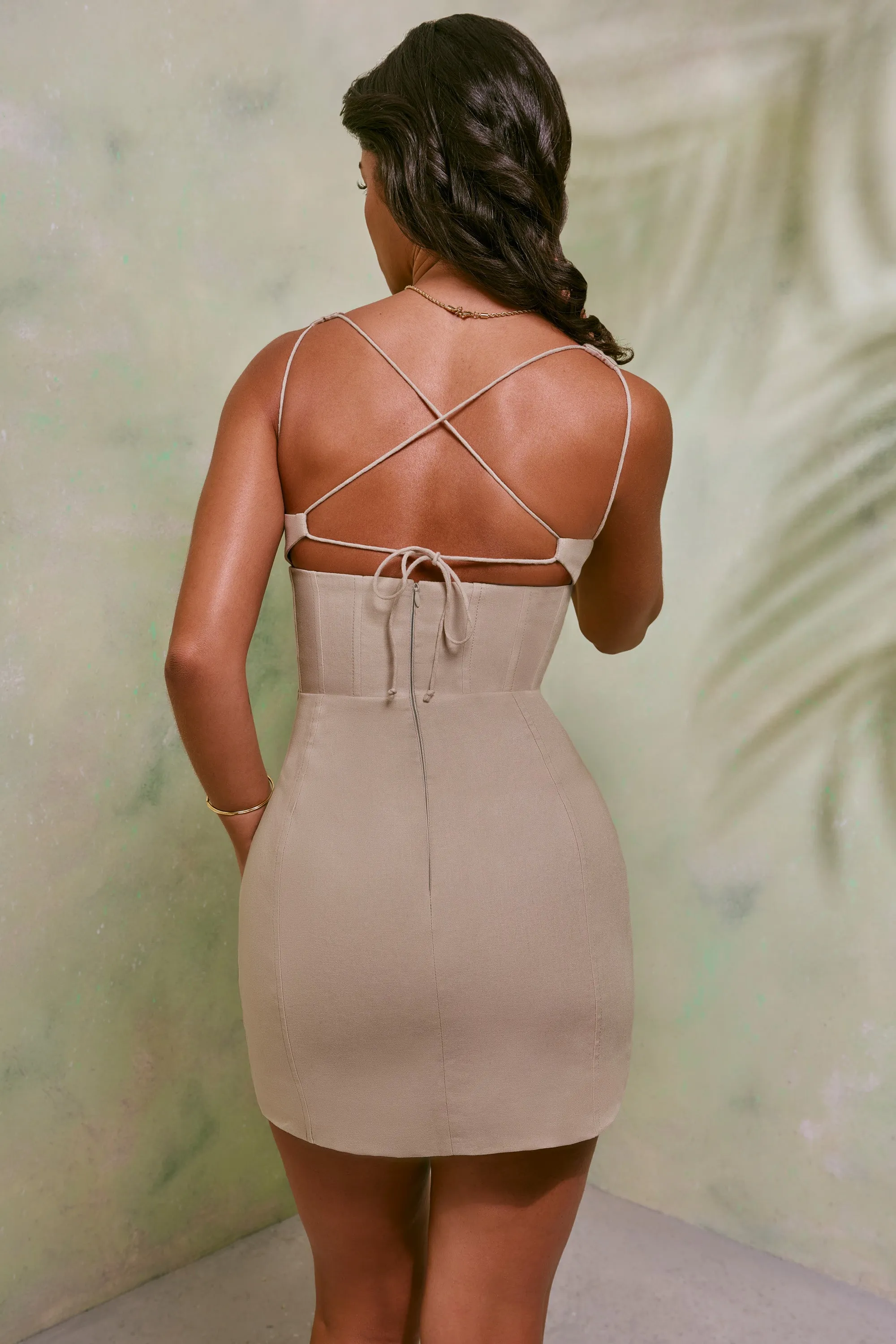 Effortless Fashion Pop Star Lace Up Back Linen Mini Dress in Sand