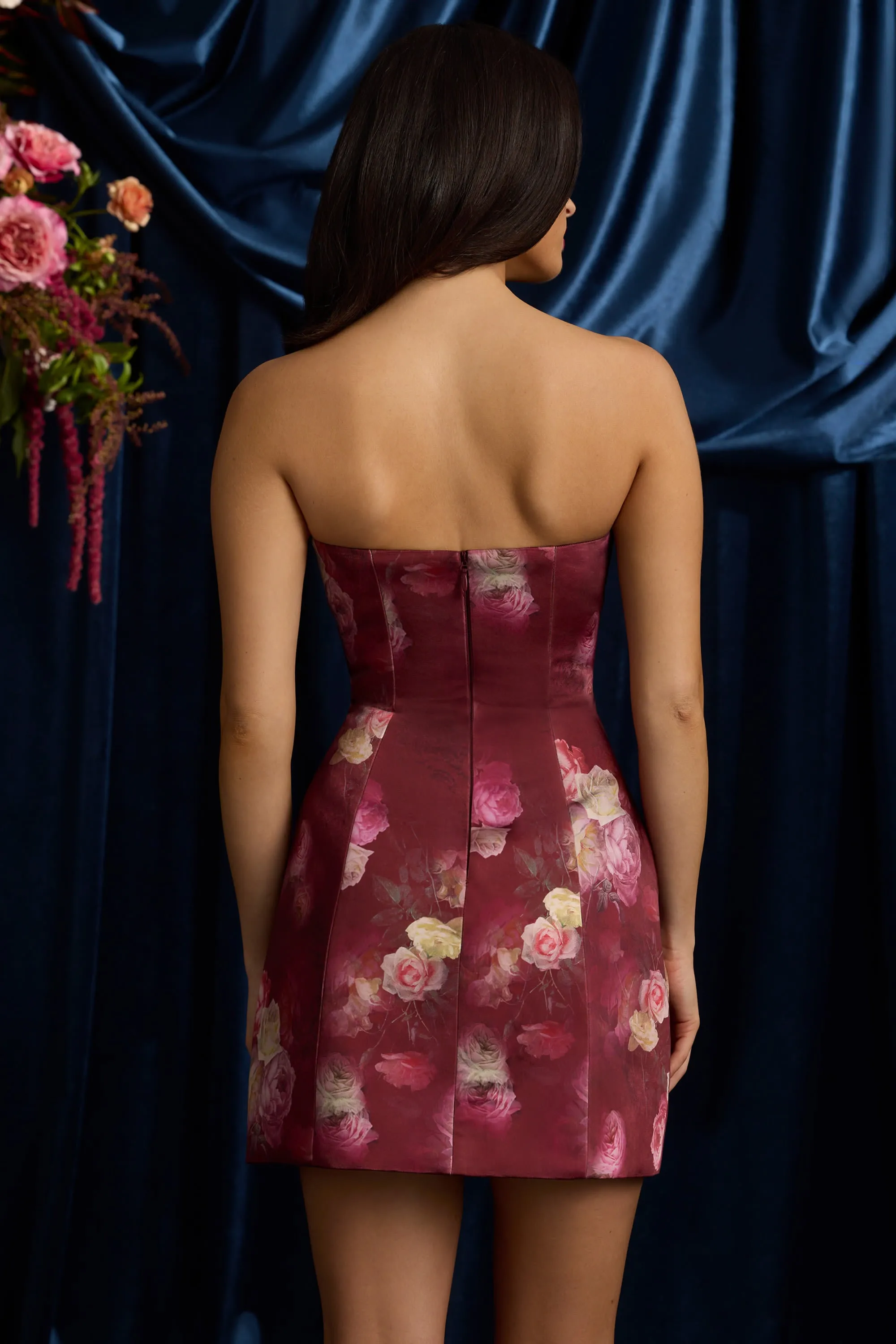 Strapless Structured Tulip Mini Dress in Maroon Floral Print Stage Rush Water Resistant