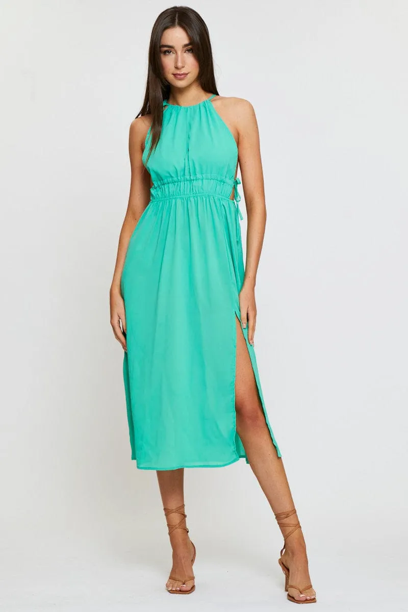 Chic Layers Green Midi Dress Sleeveless Front Split