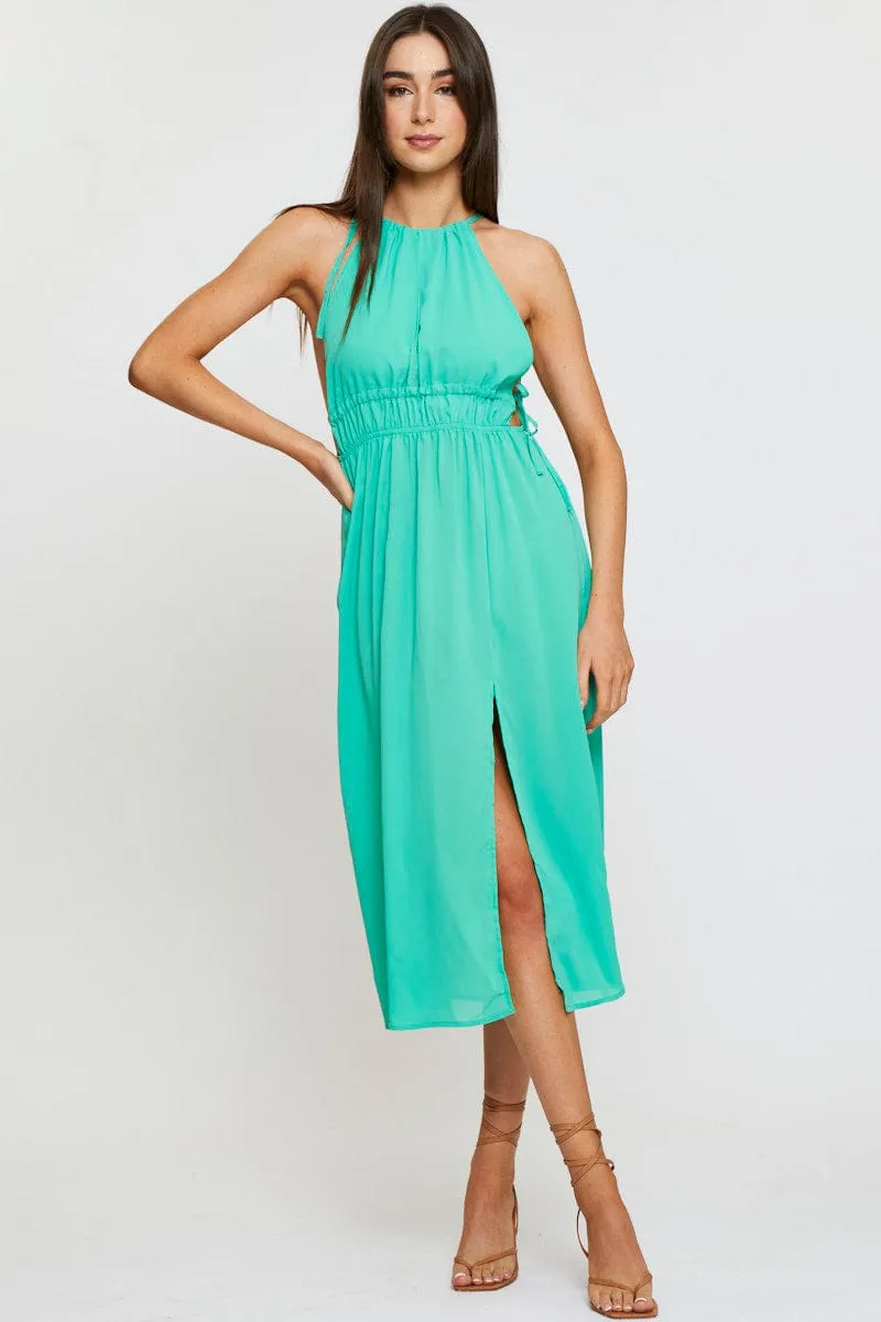 Green Midi Dress Sleeveless Front Split Polished Fashion