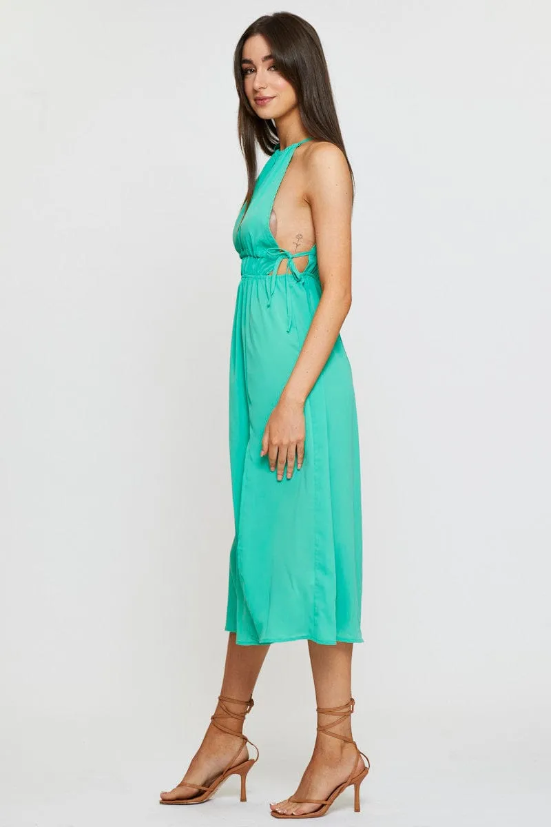 american casual Green Midi Dress Sleeveless Front Split