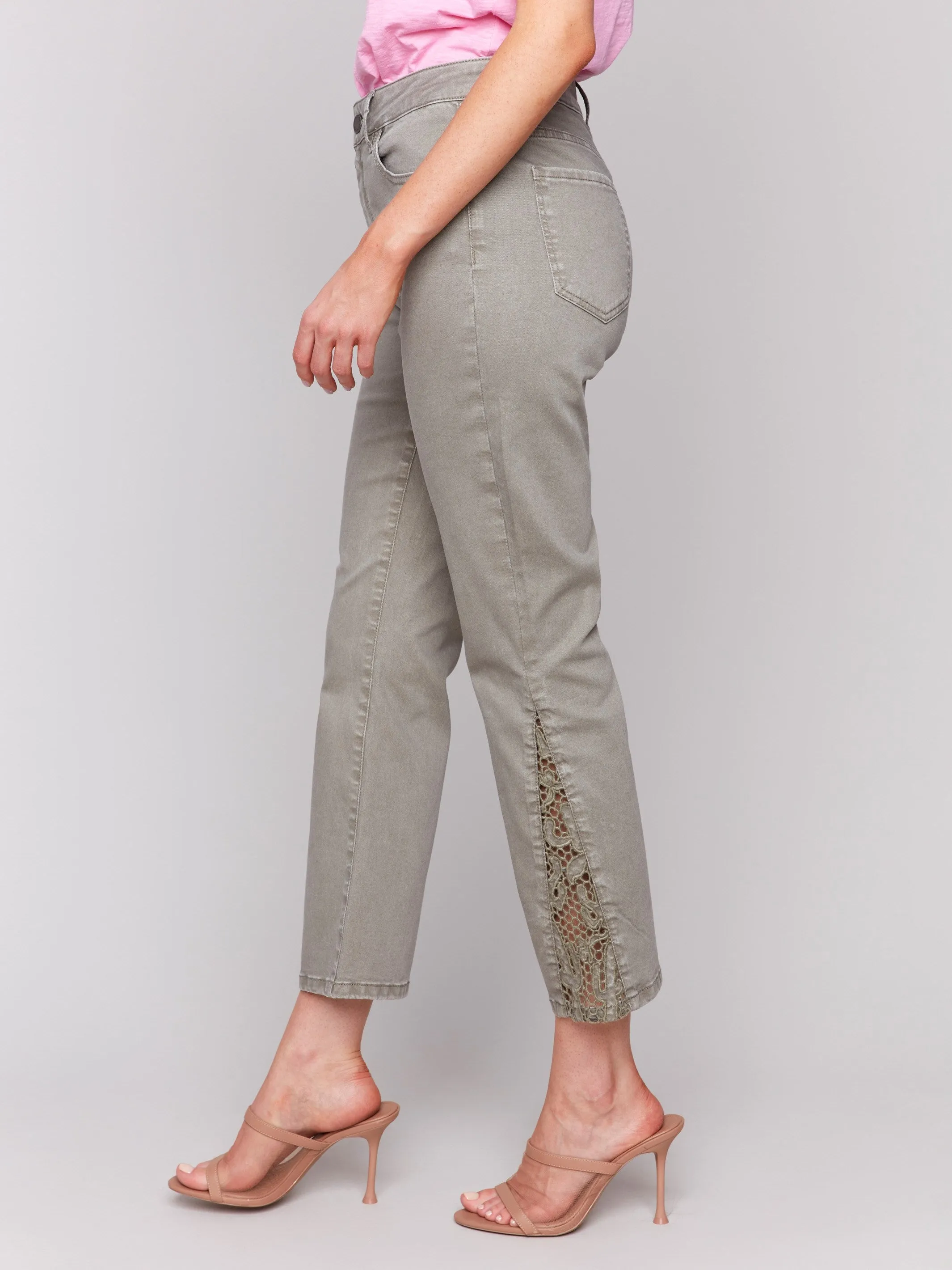 Functional Style Lace Cut Side Bootcut Twill Pants - Celadon