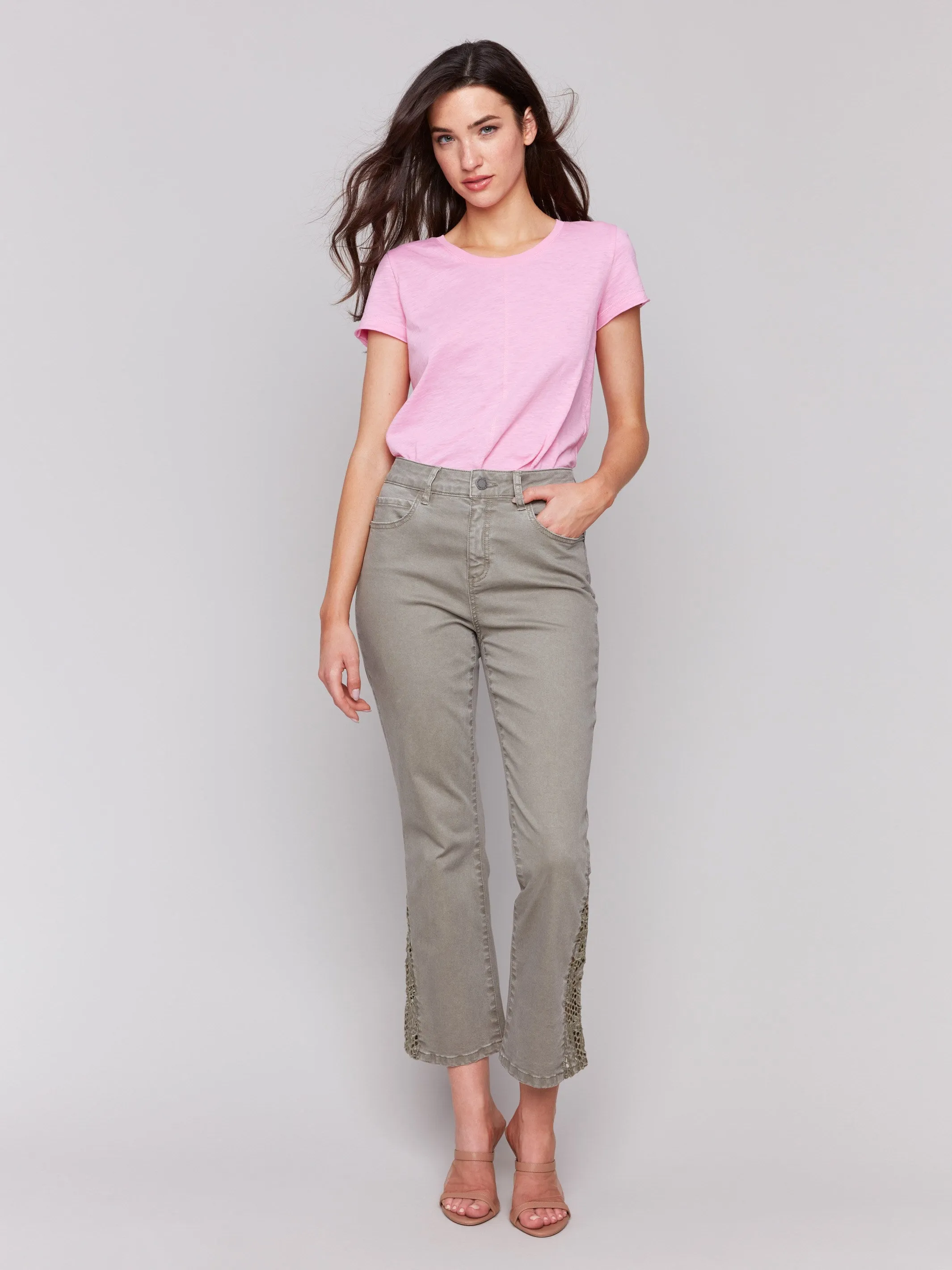 Lace Cut Side Bootcut Twill Pants - Celadon Lifestyle Fit Simple Attire