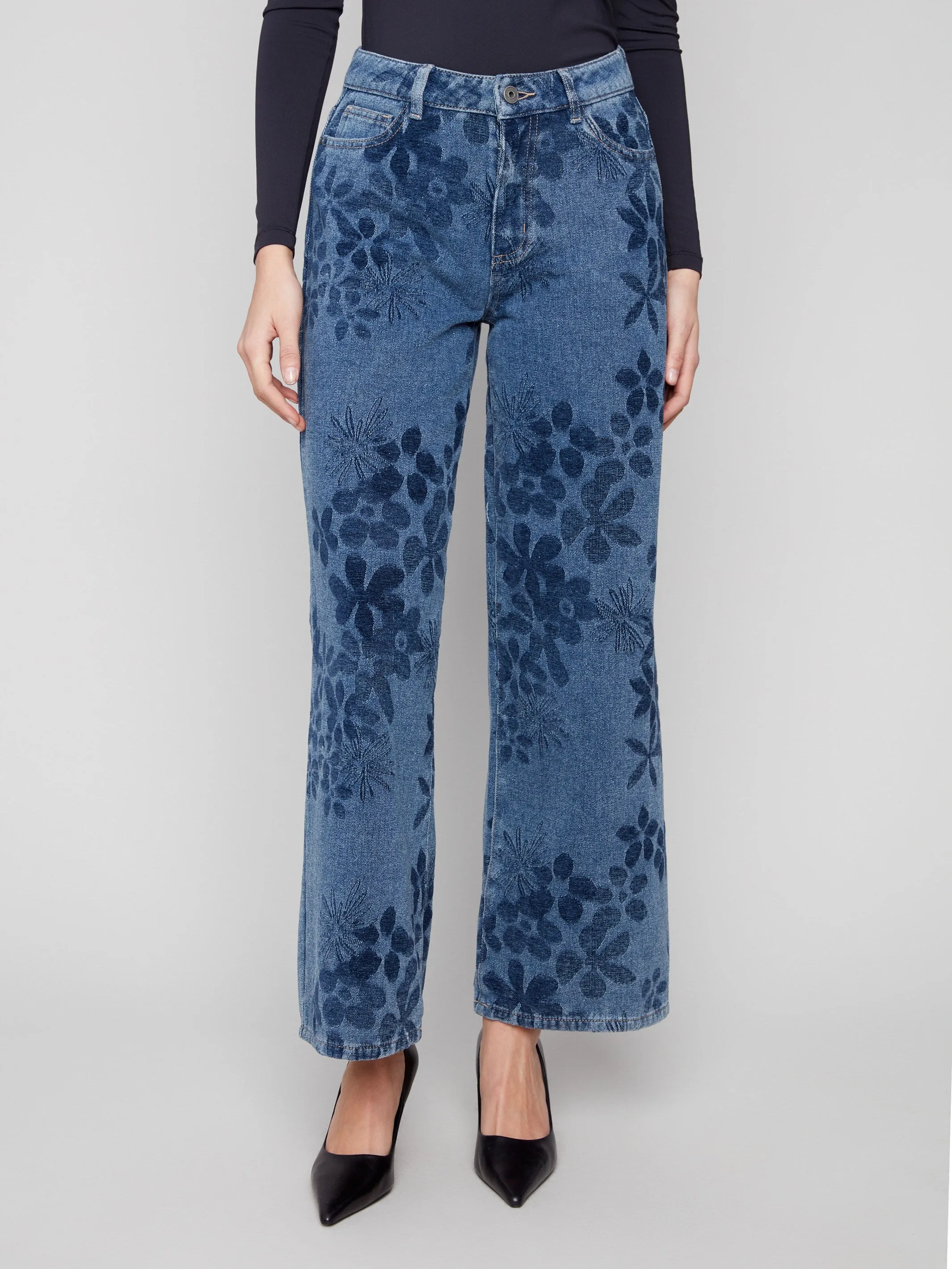 Wide Leg Floral Jeans - Flowers Odor Control Coating