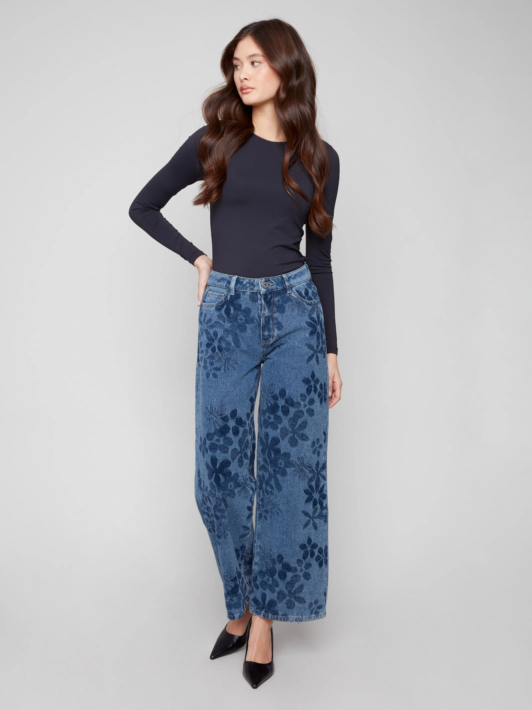 Effortless Clothing Travel Outfit Evening Stroll Minimalist Wide Leg Floral Jeans - Flowers