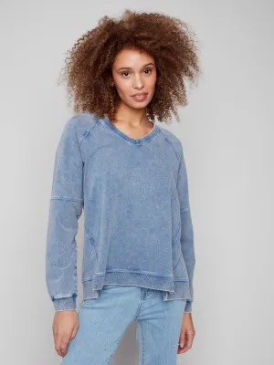 Cold Dye French Terry V-Neck Top - Denim Spandex Enhanced Elasticity