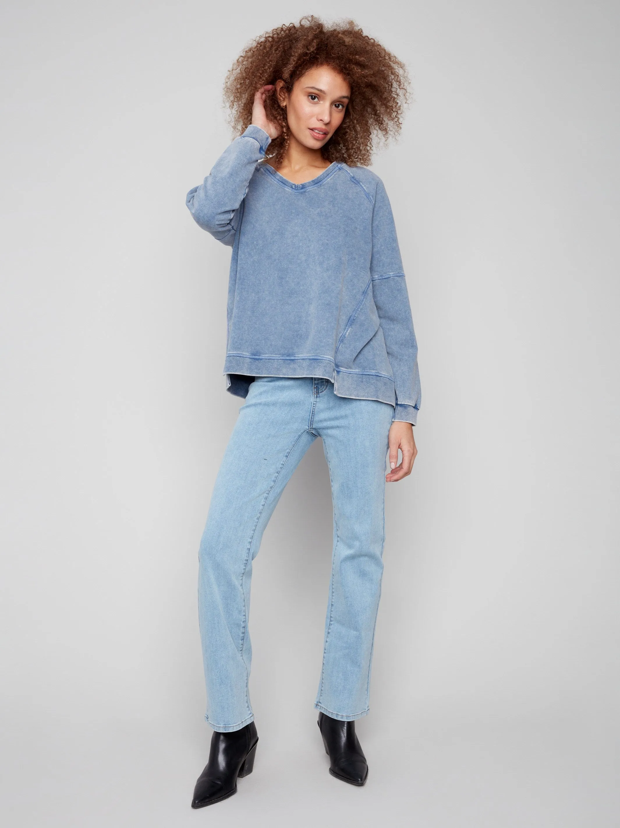 ethical Cold Dye French Terry V-Neck Top - Denim