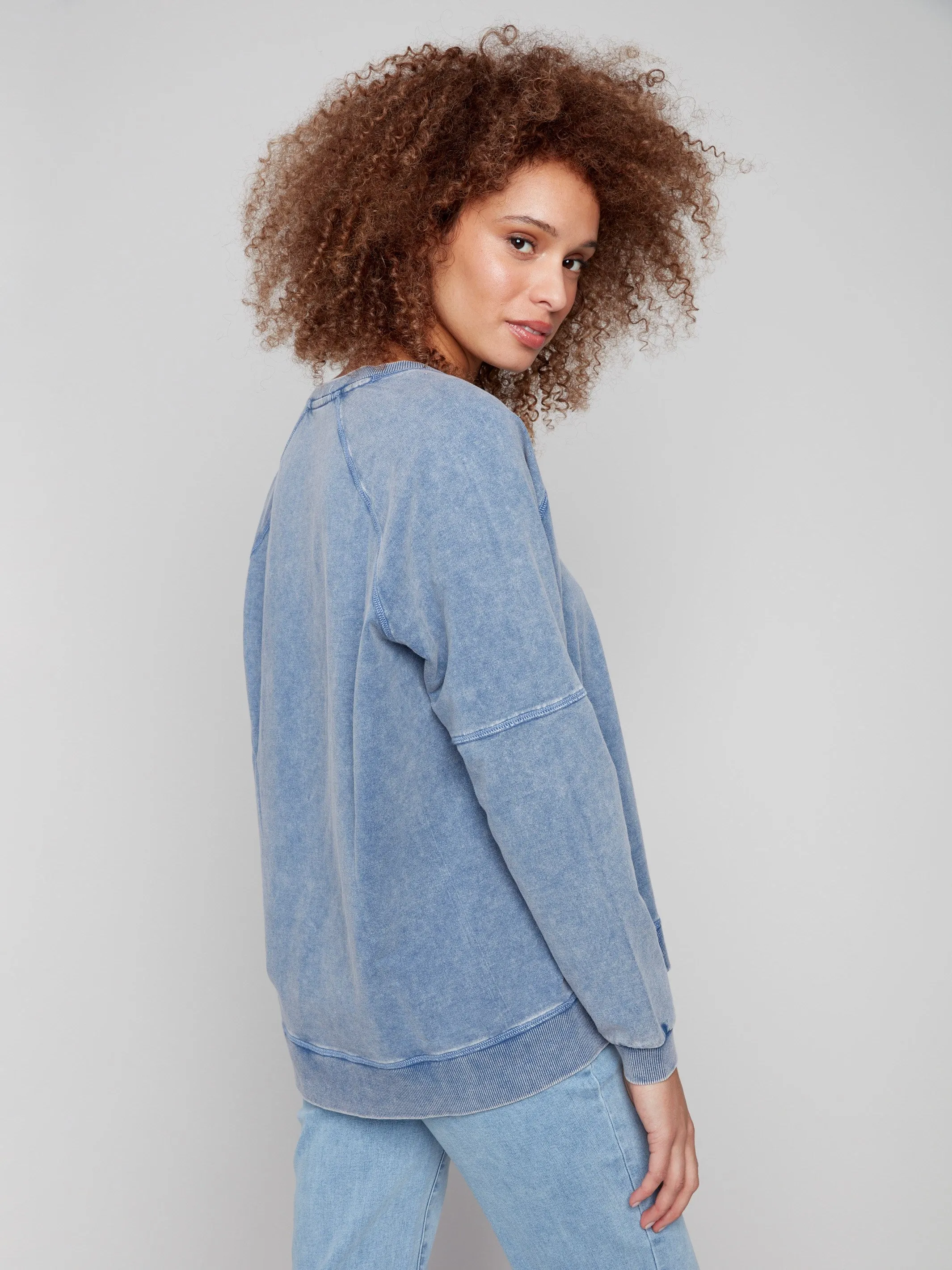 Cold Dye French Terry V-Neck Top - Denim Double Stitched Seams Reinforced Hemline