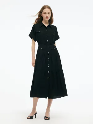 Acetate Blend A-Line Women Maxi Shirt Dress With Belt Bold Core