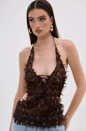 Enhanced Ventilation Panels high - capacity SEQUIN FRINGE QUEEN HALTER NECK BLOUSE