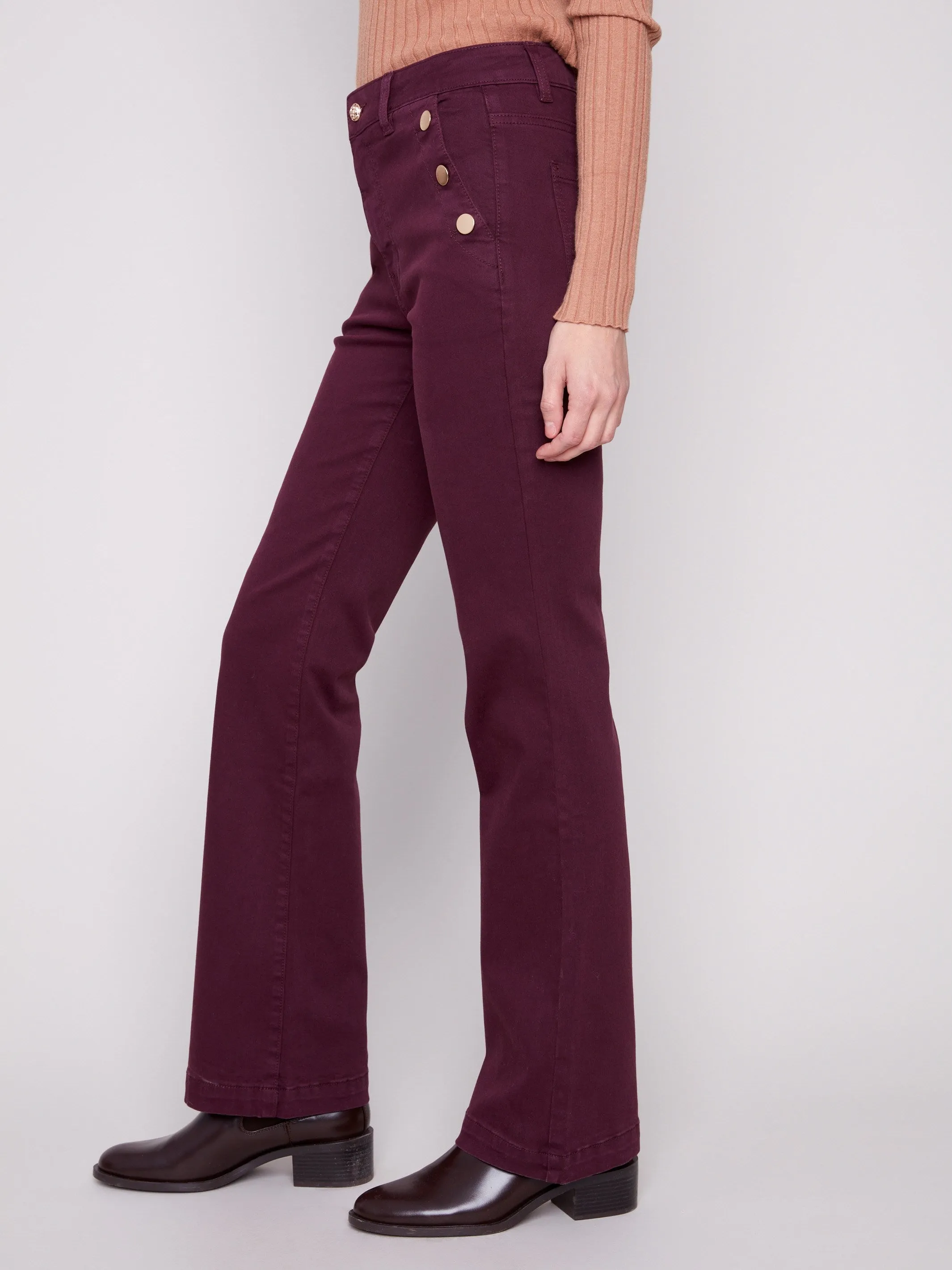 Flare Leg Stretch Twill Pants With Buttons - Berry Abrasion Resistant Denim Breathable Minimalist