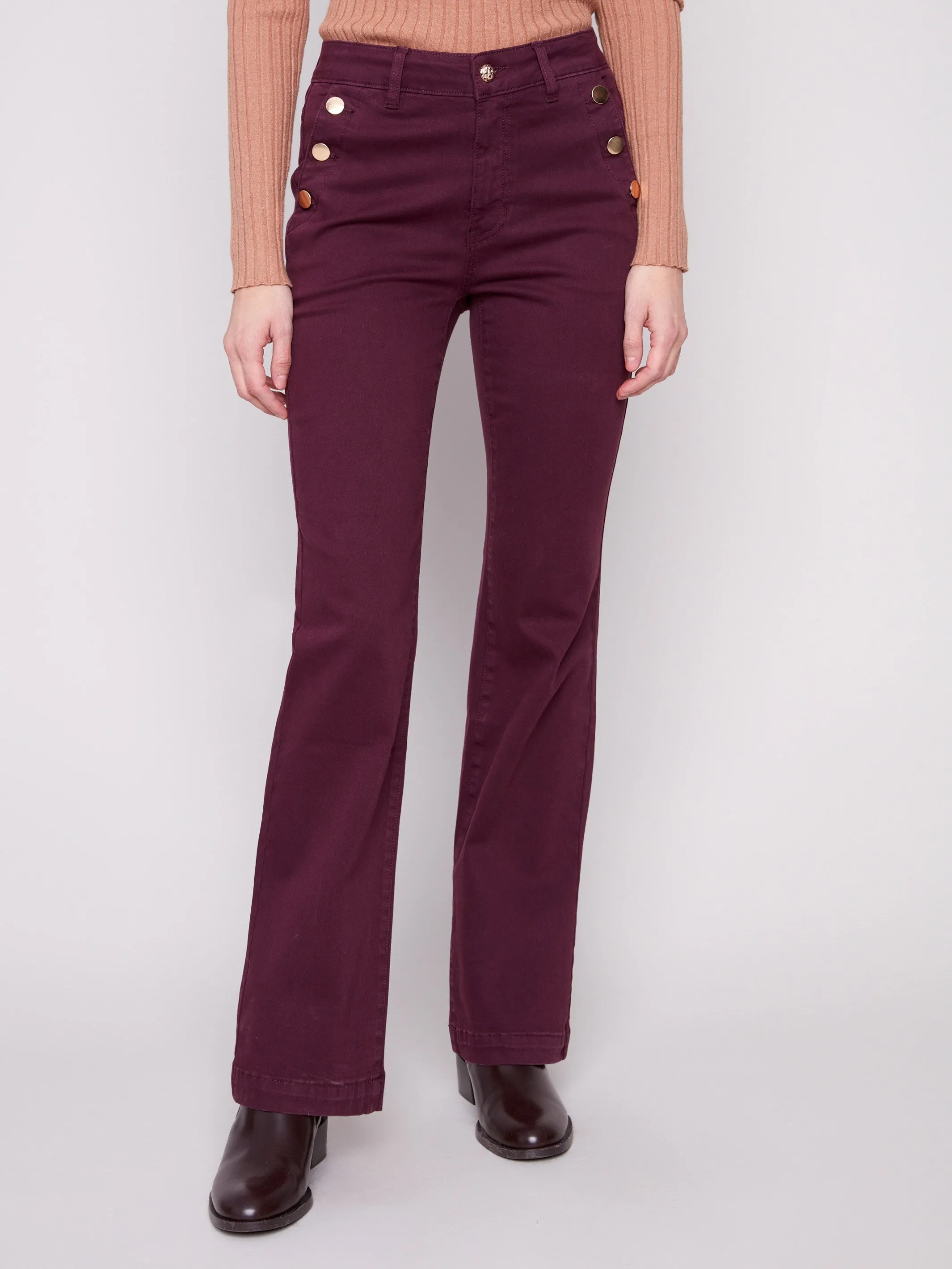 Flare Leg Stretch Twill Pants With Buttons - Berry school outfit Weekend Warrior Adult Fashion Gym Ready