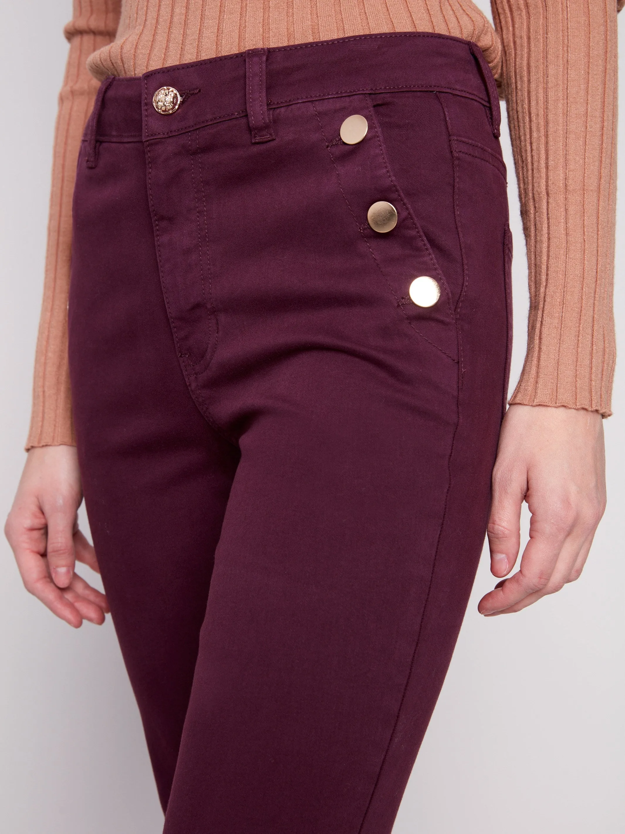 Straight Leg Design Ready Choice Flare Leg Stretch Twill Pants With Buttons - Berry
