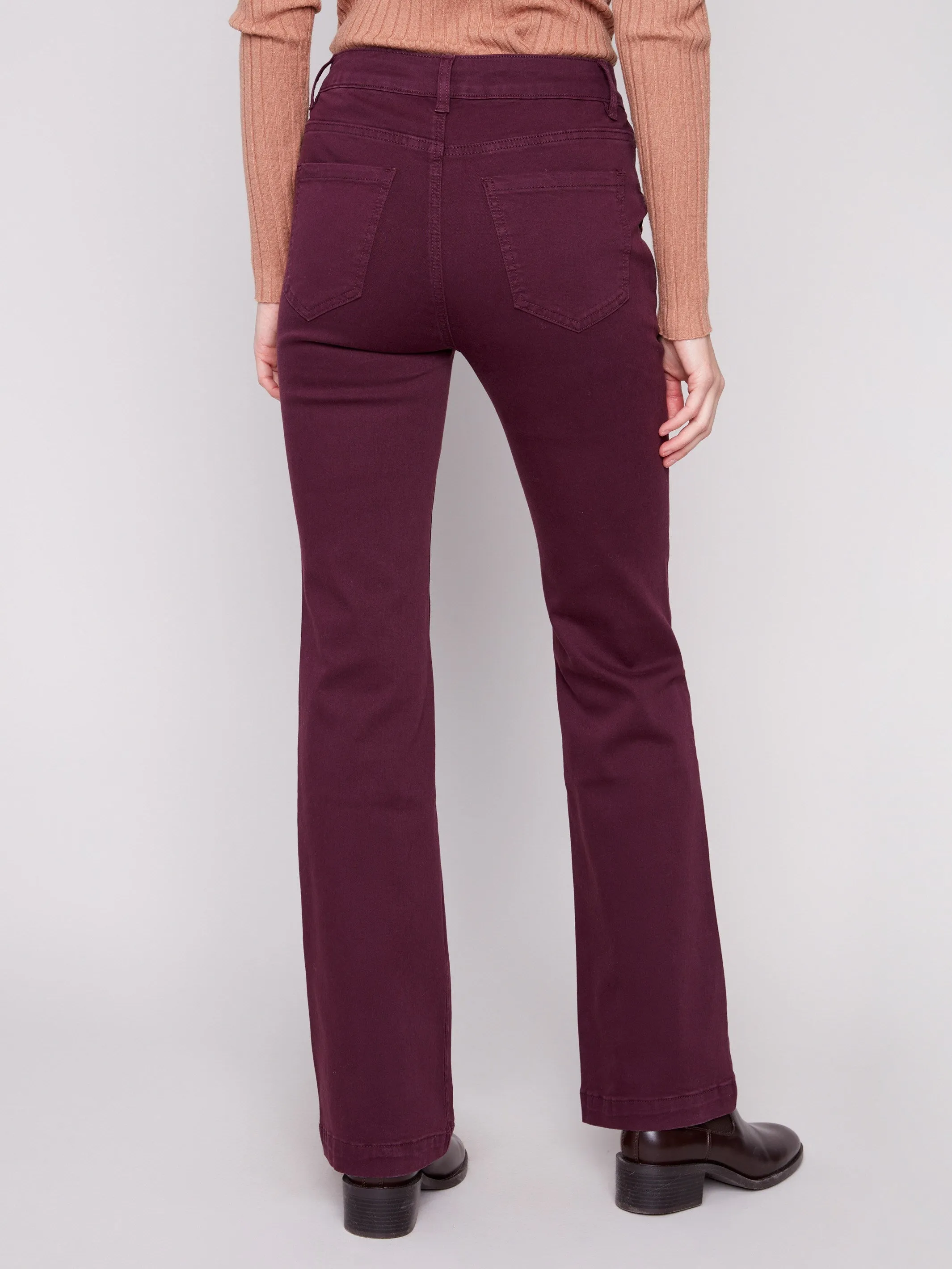Flare Leg Stretch Twill Pants With Buttons - Berry Timeless Piece Reliable Choice