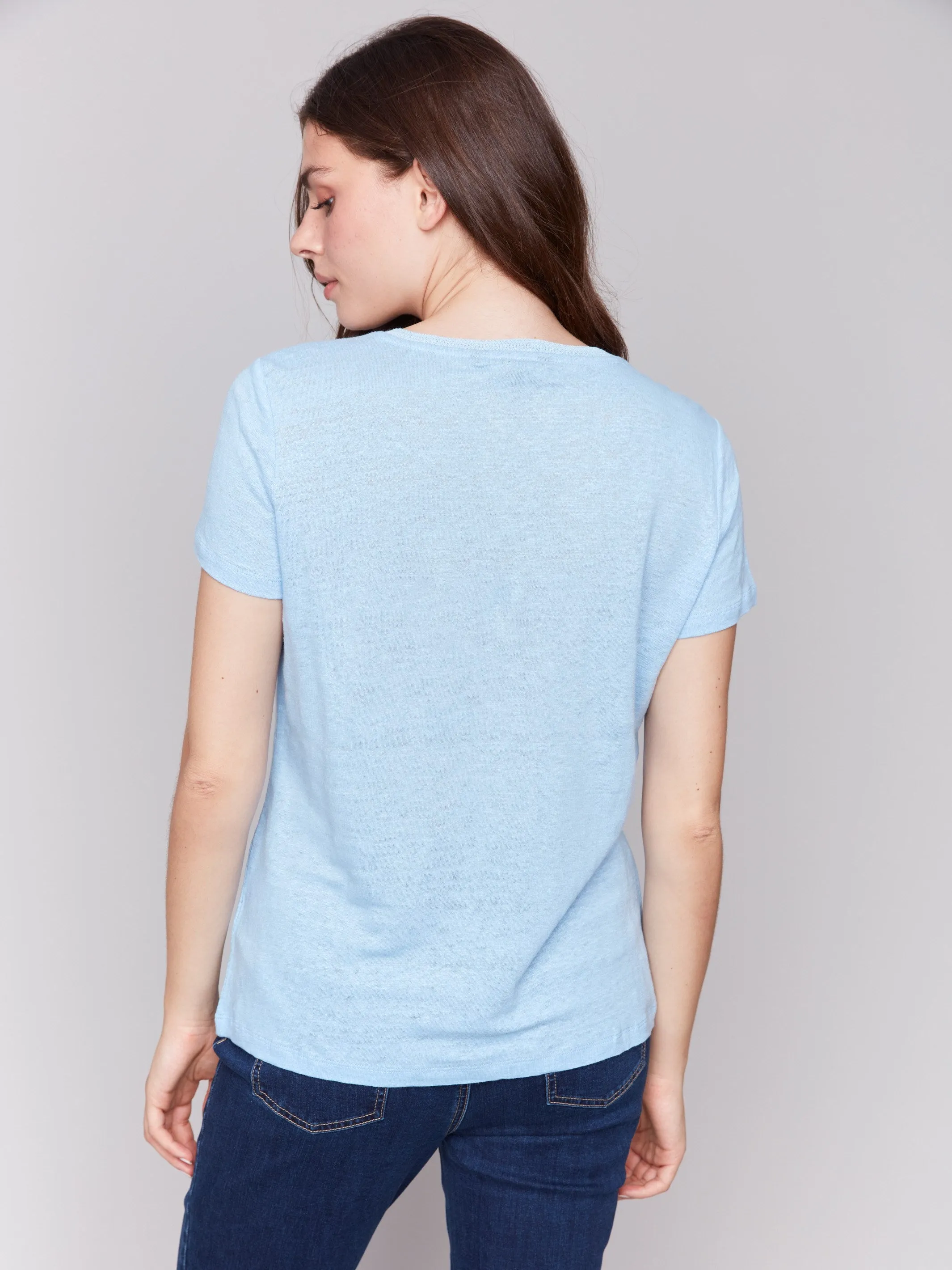 Linen Blend V-Neck T-Shirt - Bluebell Chilly Day Essentials Dimensional Stability Weave