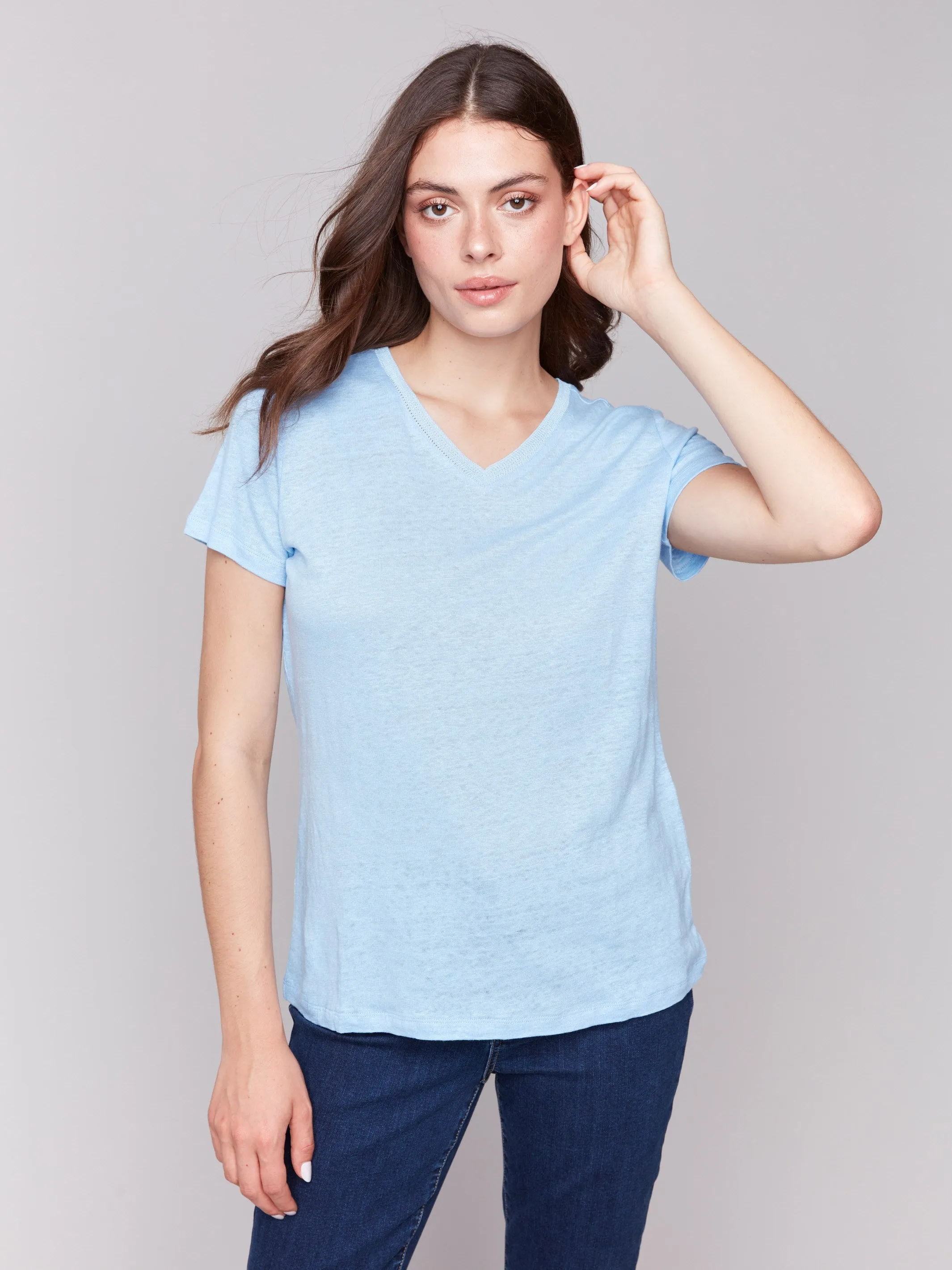 Linen Blend V-Neck T-Shirt - Bluebell Comfortable Layering AntiPillingTreatment