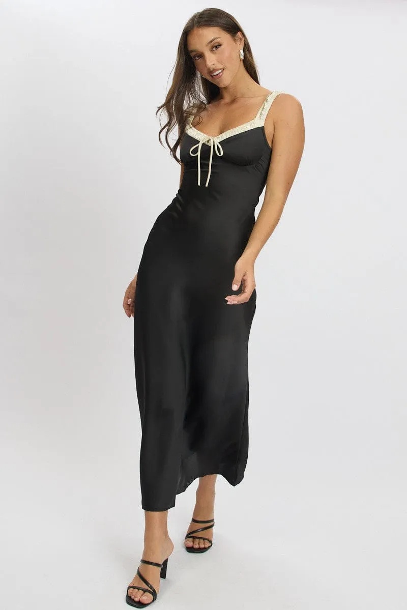 Leaf Song Black Midi Dress Elasticated Shoulder Strap Satin