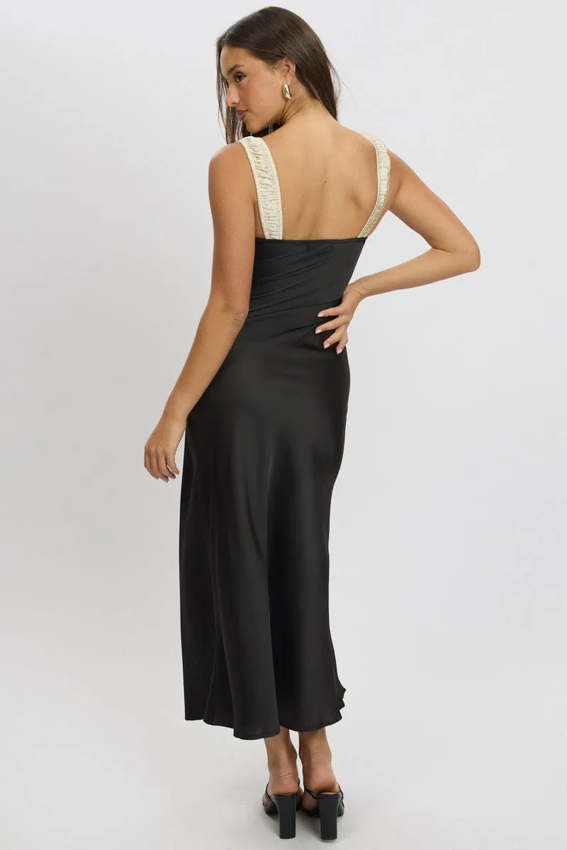 Black Midi Dress Elasticated Shoulder Strap Satin Flattering wear