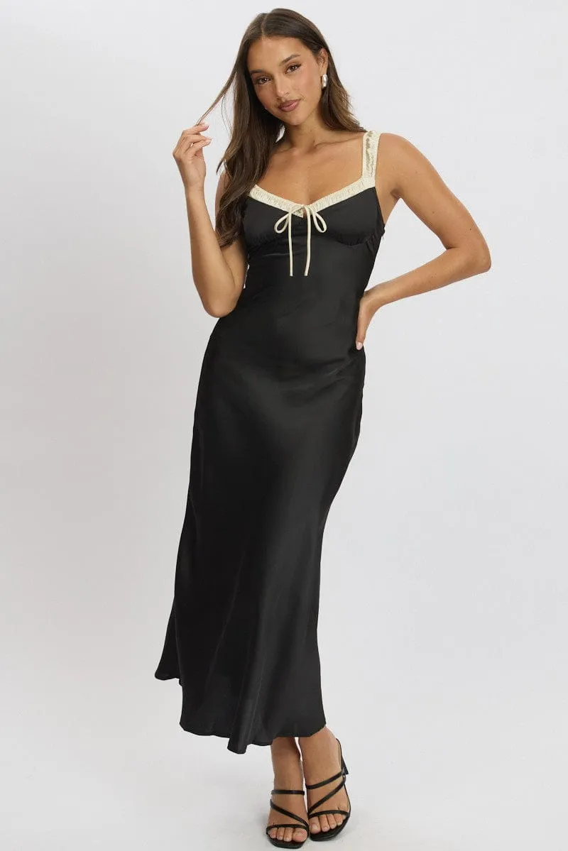 Any Season Black Midi Dress Elasticated Shoulder Strap Satin