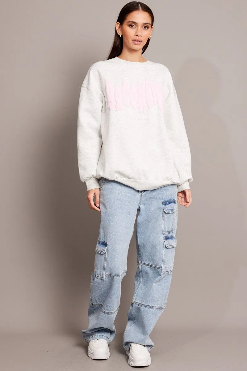 Grey Graphic Sweater Long Sleeve Color fastness Sporty Look