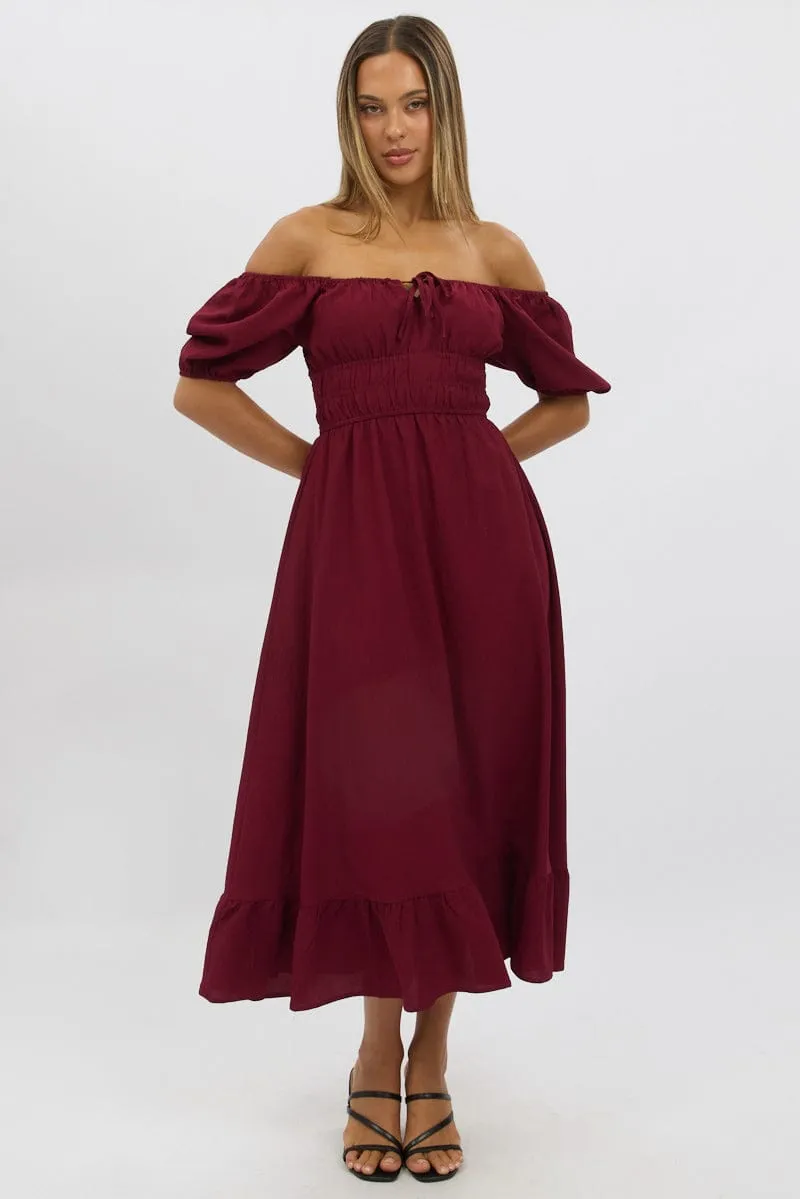 Red Midi Dress Short Sleeve Ruched Bust Contemporary Wear Trendy Chic