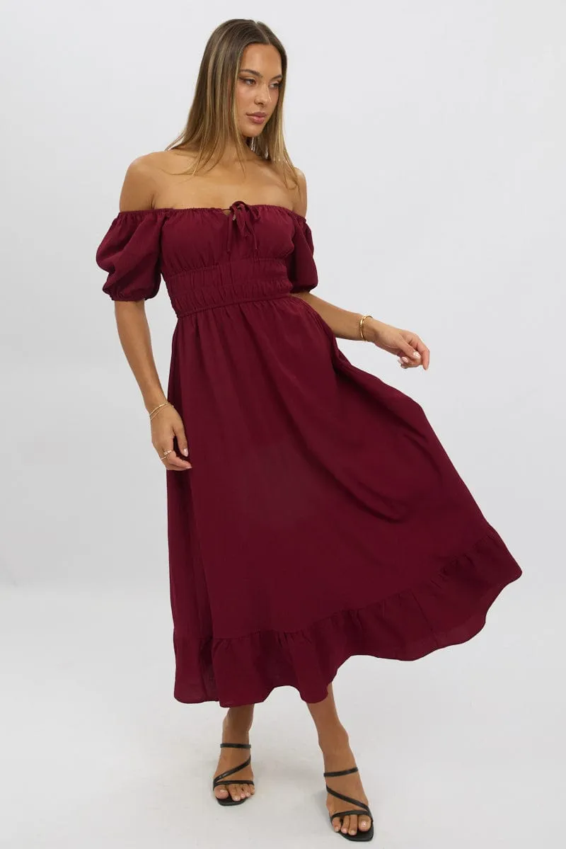 Casual Comfort Red Midi Dress Short Sleeve Ruched Bust