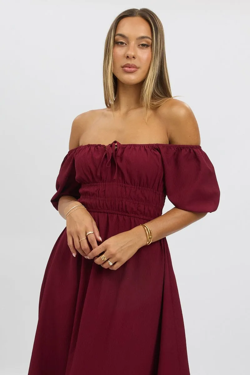 Young Professional Red Midi Dress Short Sleeve Ruched Bust