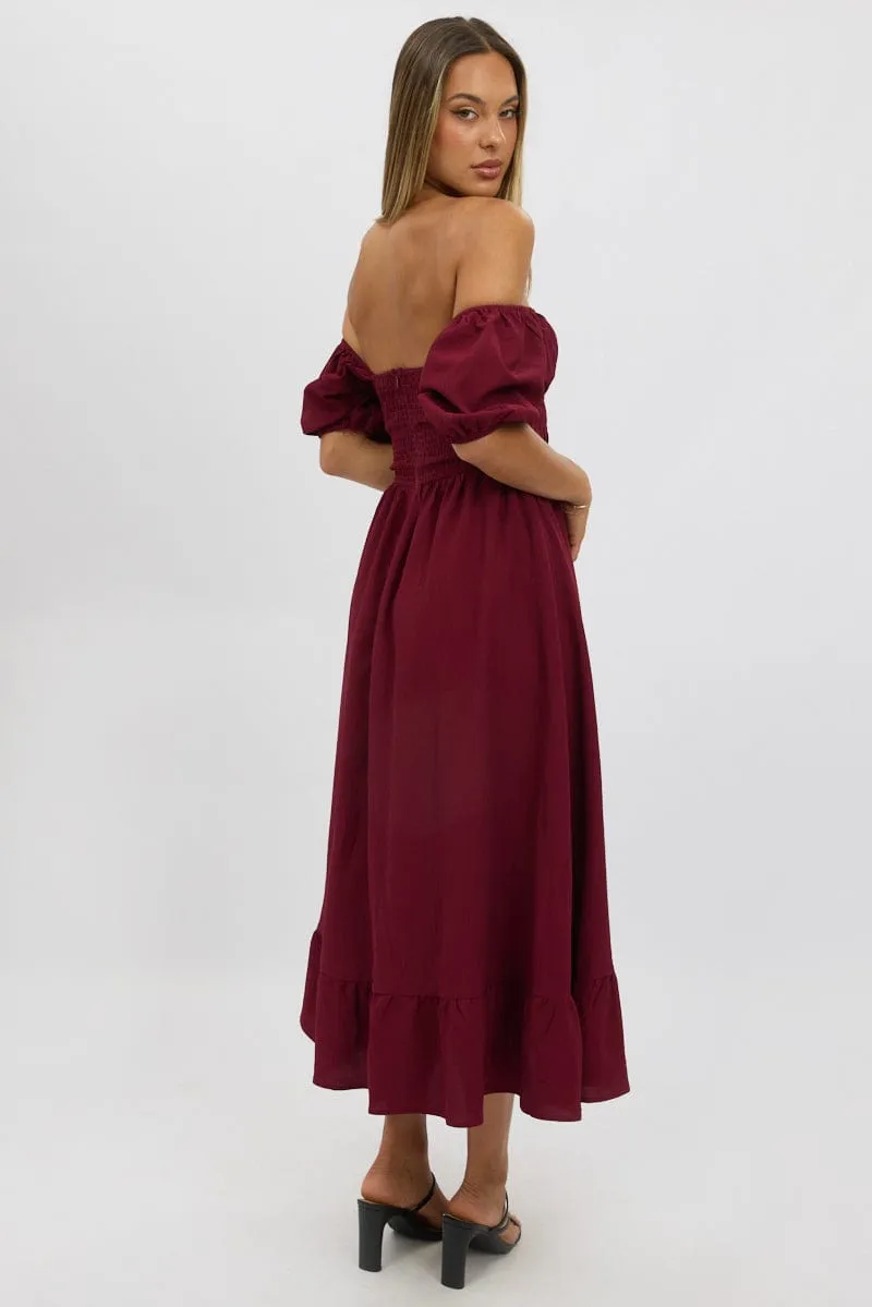 Red Midi Dress Short Sleeve Ruched Bust Layer Light
