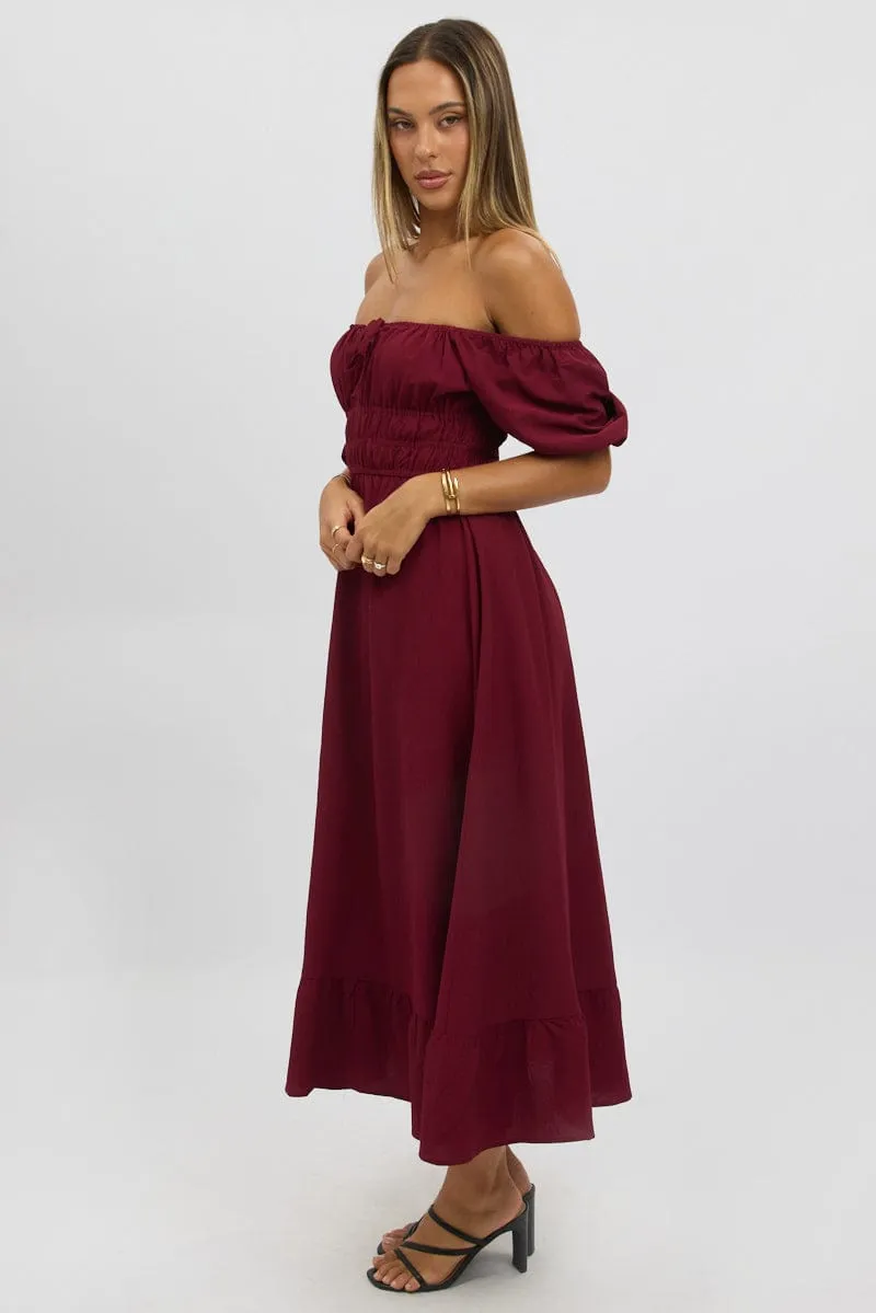 Red Midi Dress Short Sleeve Ruched Bust Easy Style
