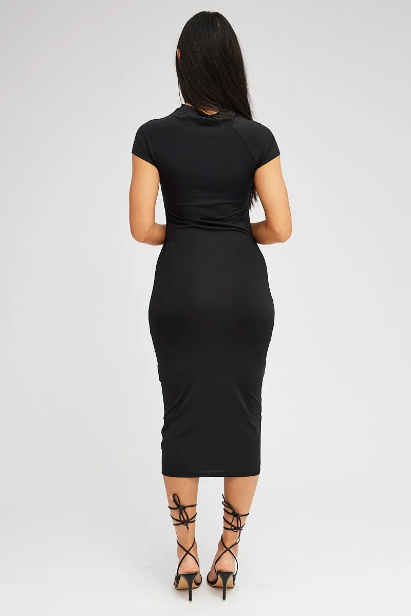 Flowy mid-length piece Black Midi Dress Short Sleeve Crew Neck Bodycon Graphic