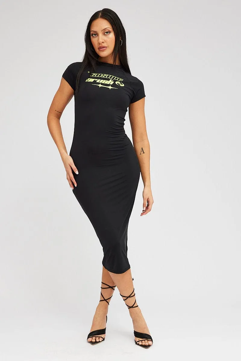 Black Midi Dress Short Sleeve Crew Neck Bodycon Graphic Day-To-Night Wear Vibrant dress for weekend outing