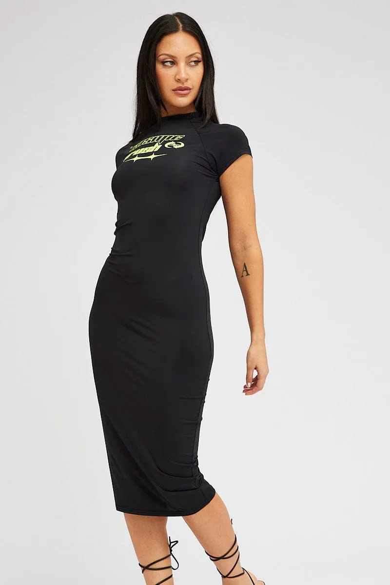 Soft draping fabric dress Black Midi Dress Short Sleeve Crew Neck Bodycon Graphic