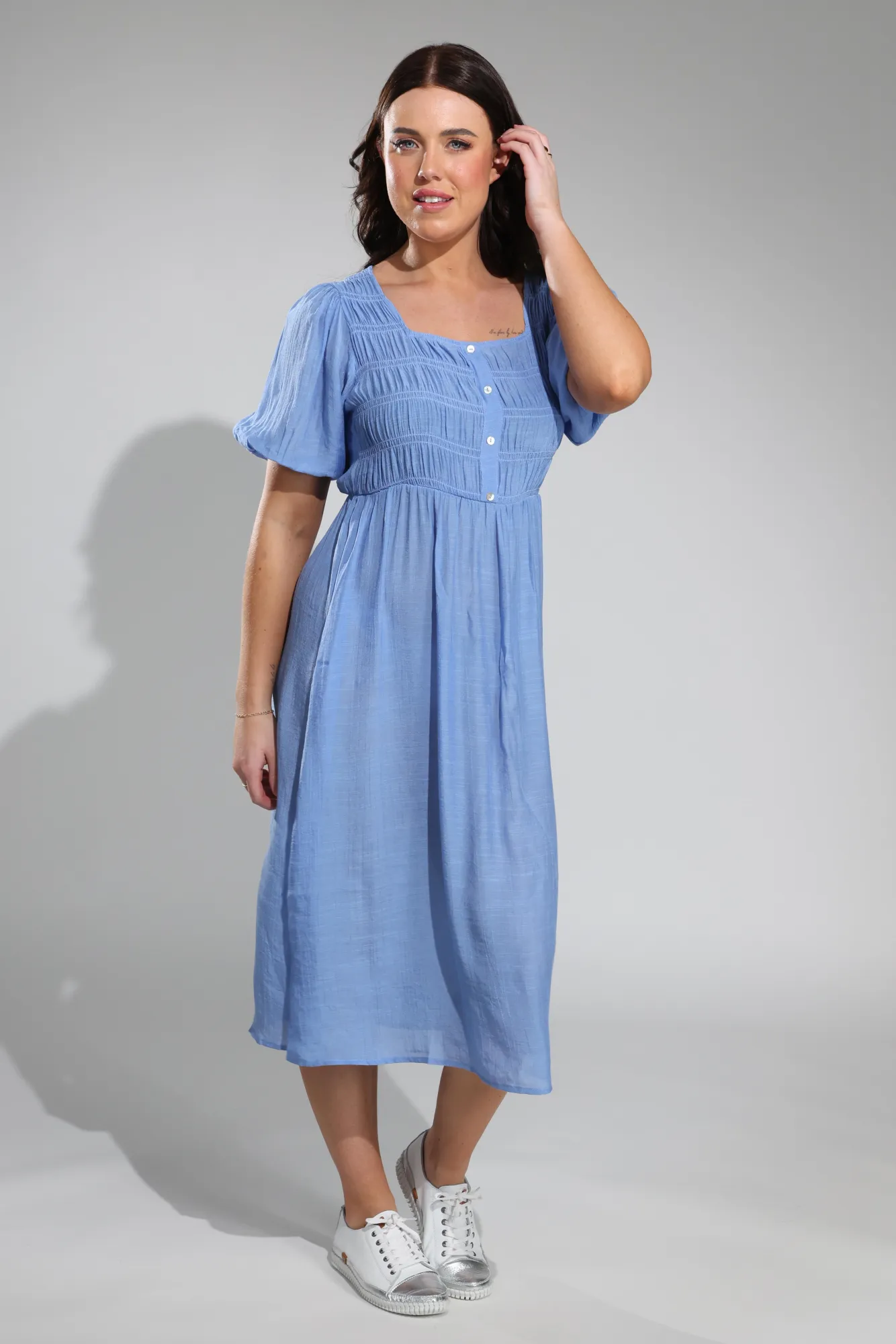Office Mood QuickDry Construction Shirred bodice Dress | SOFT BLUE | 8835A1