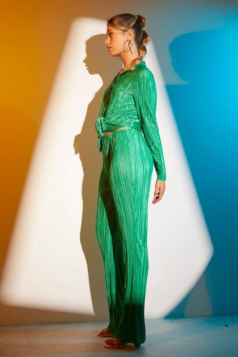 Timeless Design Green Plisse Pant Wide Leg