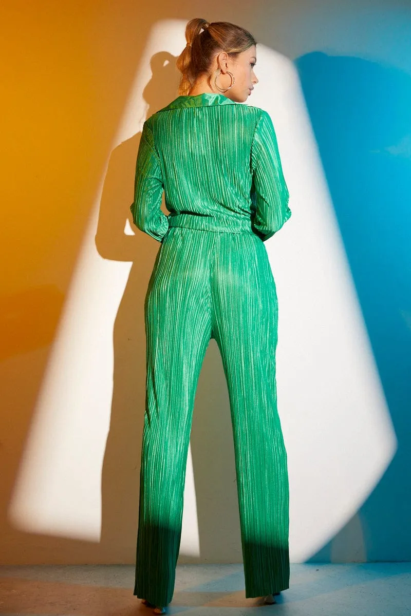 Green Plisse Pant Wide Leg AdjustableWaistband