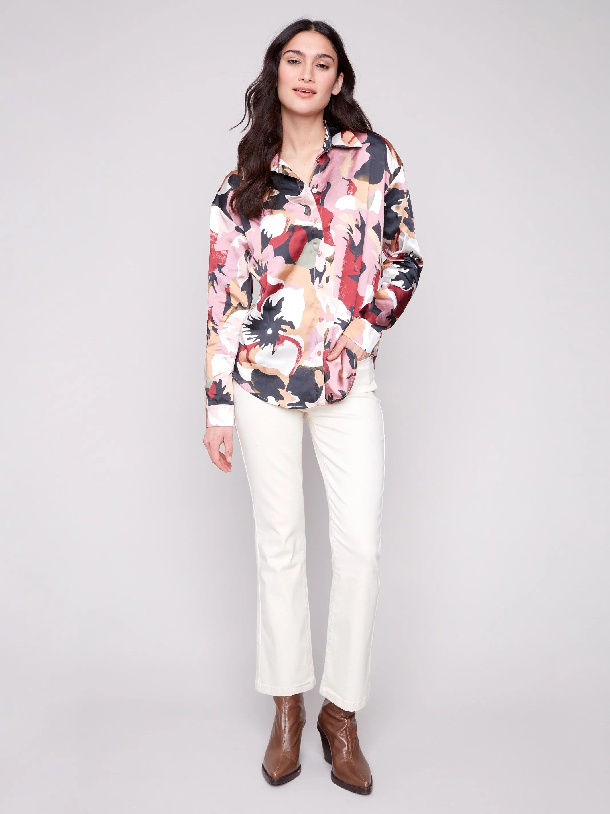 Printed Satin Button-Down Shirt - Flowery Love Energy