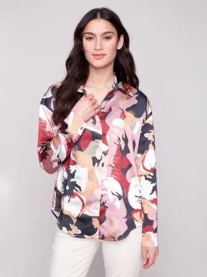 Summer Wear Printed Satin Button-Down Shirt - Flowery