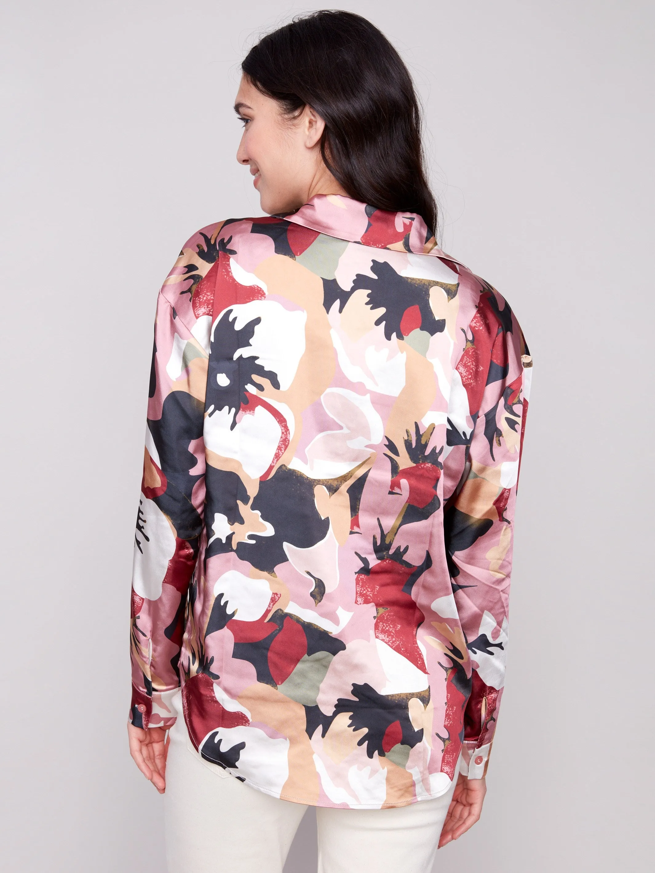 Printed Satin Button-Down Shirt - Flowery Soft Blouse