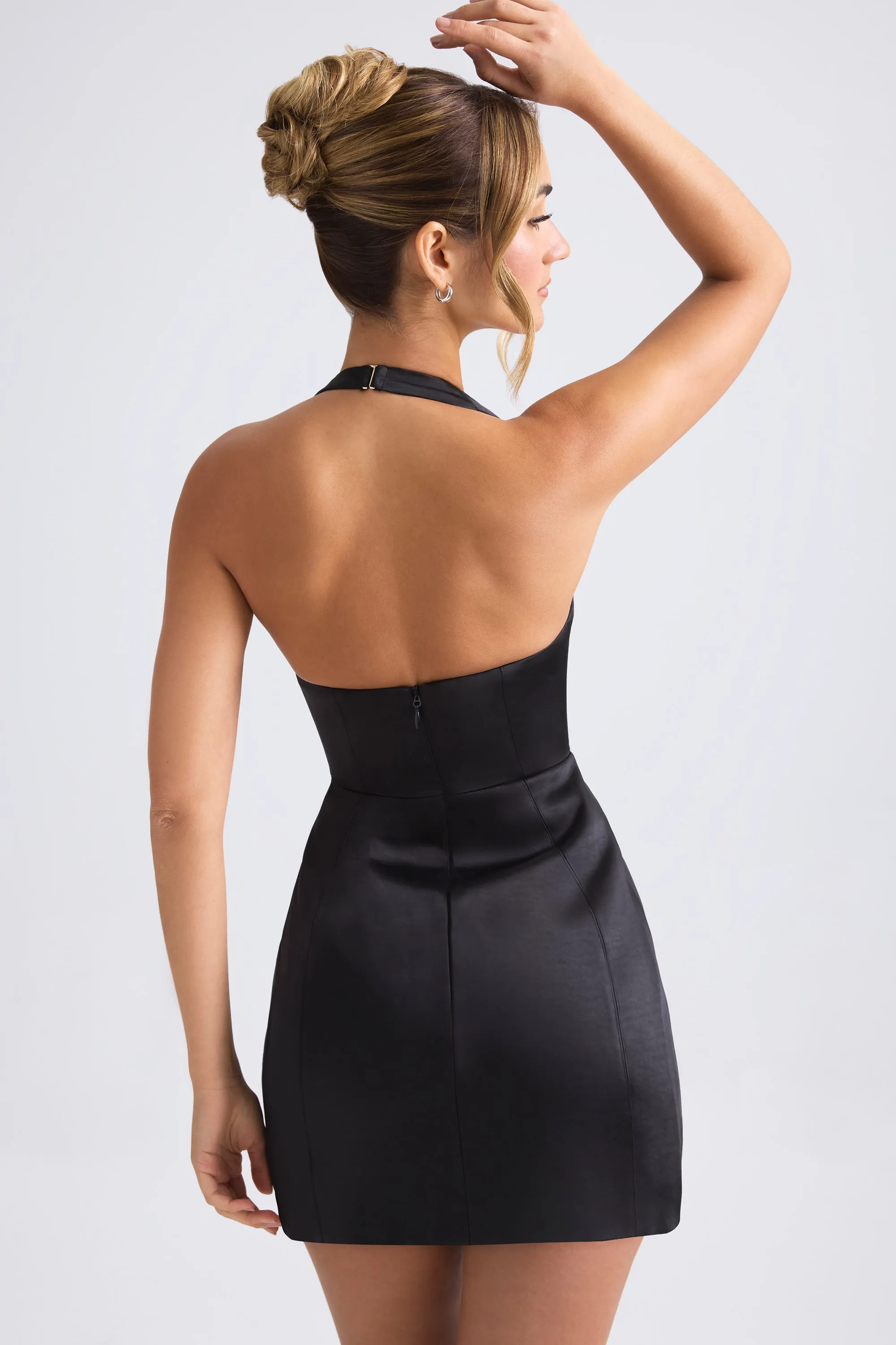 Charming Prints Halterneck Structured Tulip Mini Dress in Black
