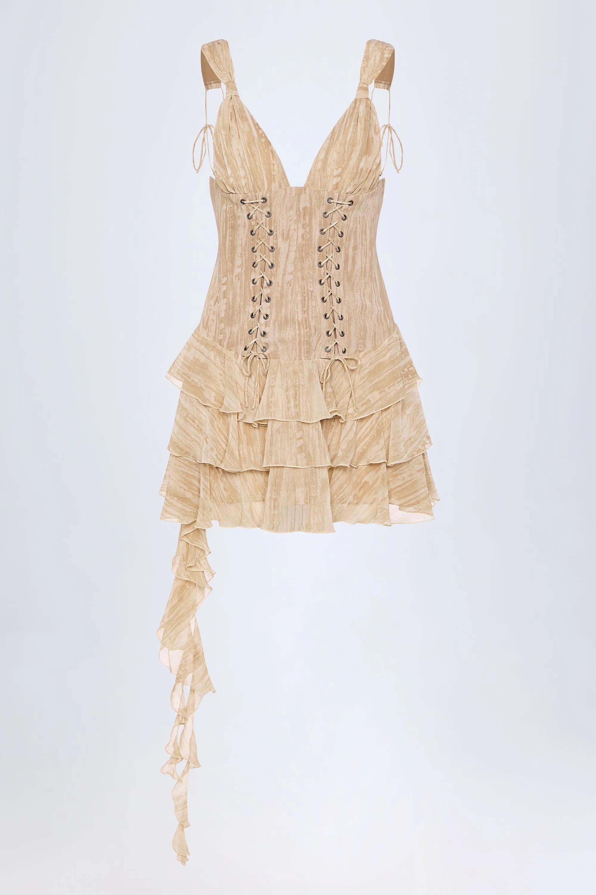 Weekend Fun Modern mini dress with sleeves Lace-Up Ruffled Tiered Mini Dress in Tan Print