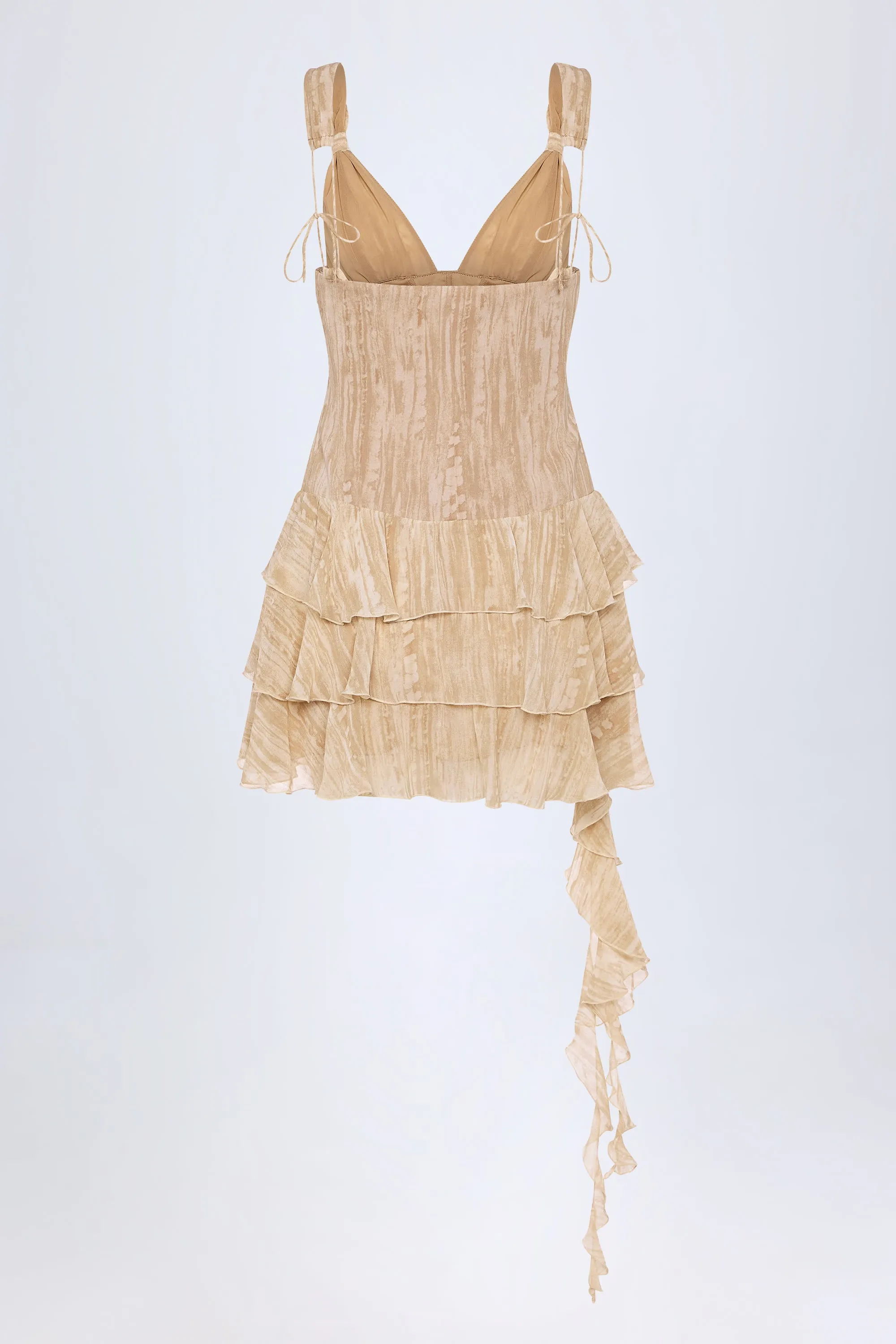 Lace-Up Ruffled Tiered Mini Dress in Tan Print Show Skin Scene Pop