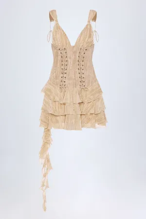 Weekend Fun Modern mini dress with sleeves Lace-Up Ruffled Tiered Mini Dress in Tan Print